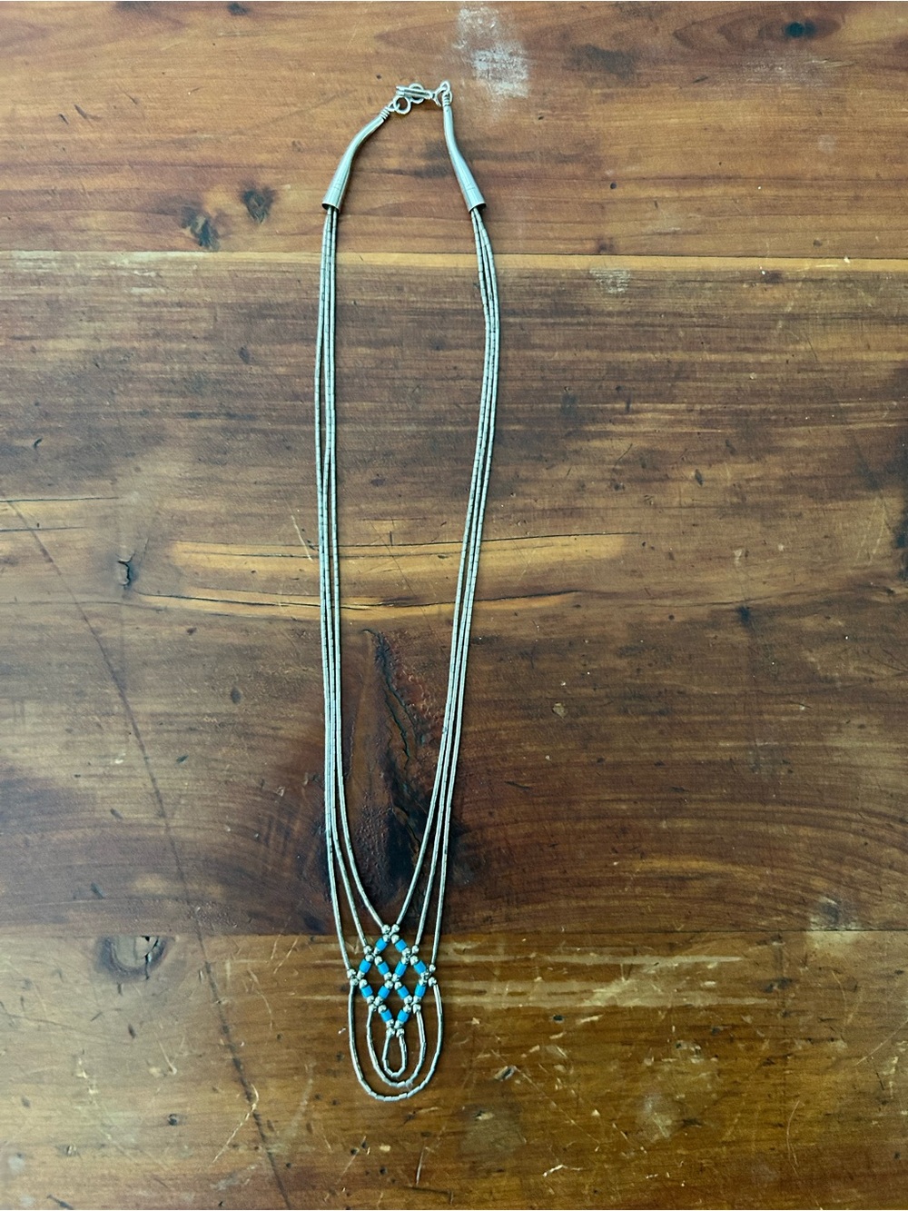 Vintage Multi-Strand Liquid Silver Necklace with Turquoise Bead Accents